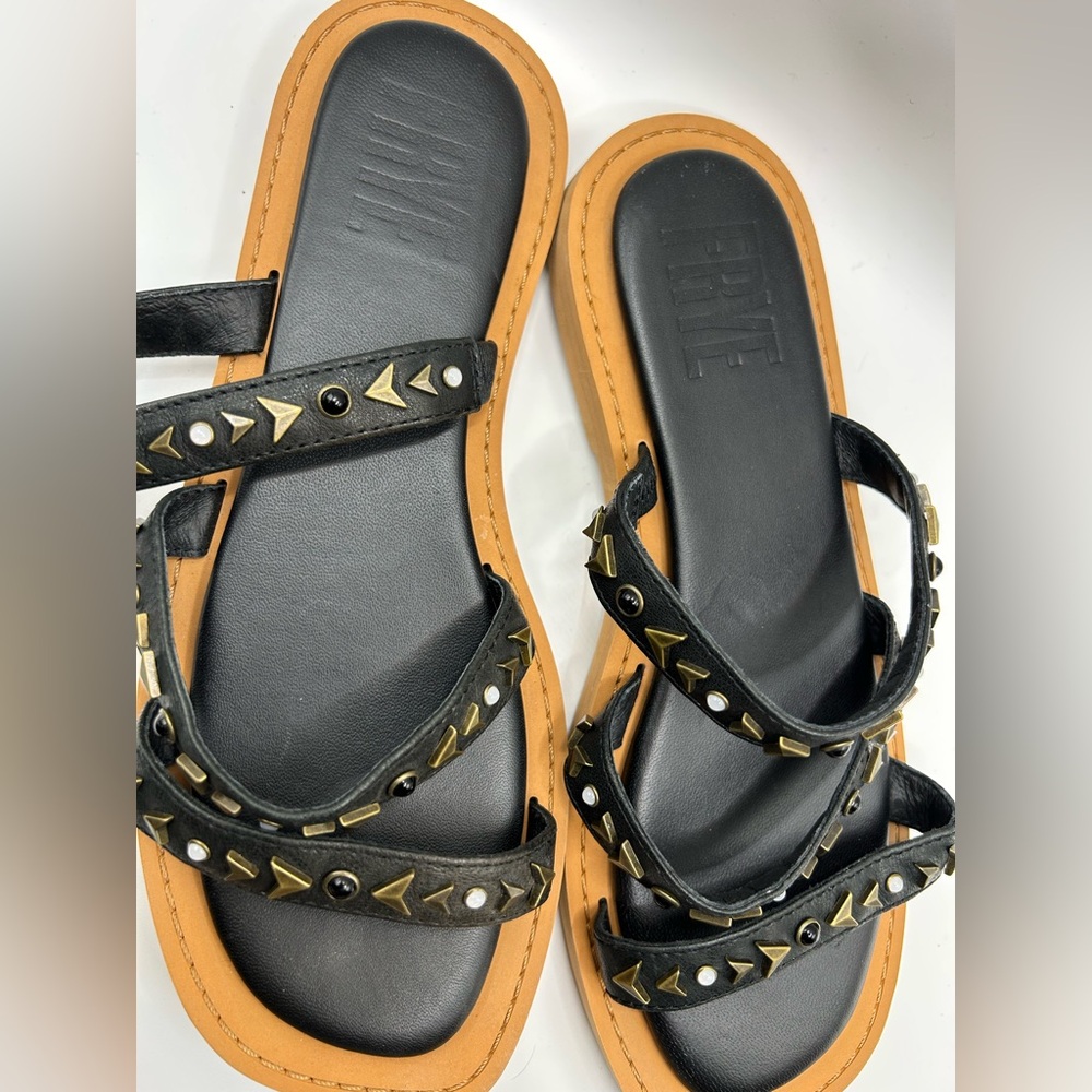 Frye Studded Black Leather Sandals‎ 6.5M • Boho Luxe • Strappy Slide - Picture 6 of 9